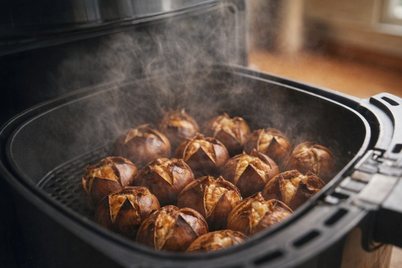 Action shot of chestnuts roasting inside an air fryer, steam escaping, golden brown shells, warm lighting